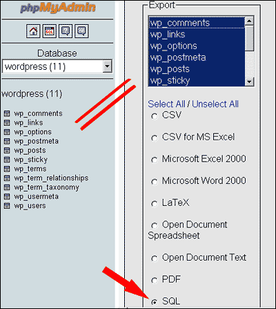 All Tables and SQL Export Type Selected